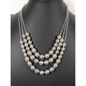 Silver Tone Ribbed Bead Triple Layer Statement Necklace Bib 21"